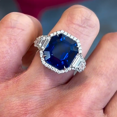 8ct Asscher Cut Blue Sapphire with Trapezoid Cut Side Stones Sterling Silver Ring