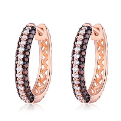 Sterling Silver Delicate Triple Row Two Tone Design Round Cut Chocolate Hoop Earrings