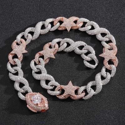 Two Color Pentagram Eyes Buckle Cuban Chain Necklace Copper with Zirconia Vintage Exaggerated Collarbone Chain