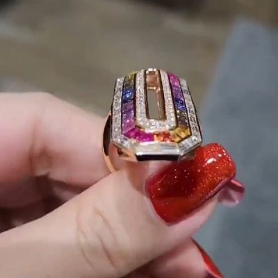  Diamond Infinity Set Brick Seven Color Zirconia Rainbow Double Row Ring