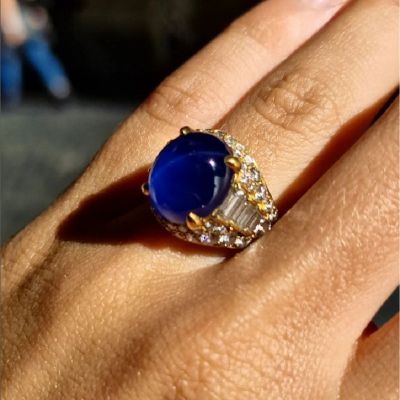 14.37CT Cabochon Star Sapphire And Round Cut And Baguette Cut  Zircon Ring 
