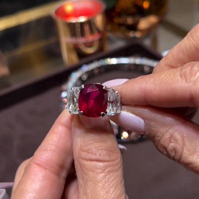 5.10 CT Cushion Cut Pinkish Red Ruby Diamonds Ring 
