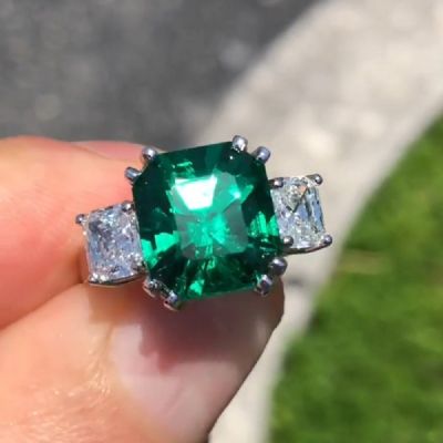 5.2CT Classic Three Stone Cushion Cut Emerald And Diamond Ring