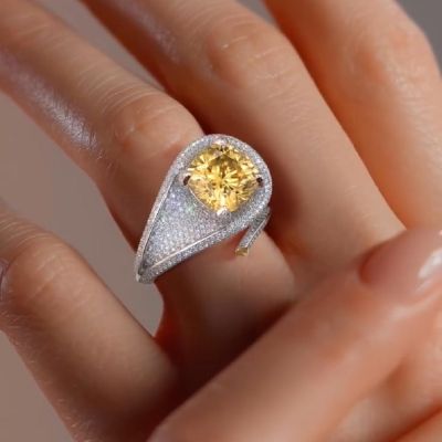 6.0CT Cushion Cut Shaped Yellow Diamond Engagement Ring