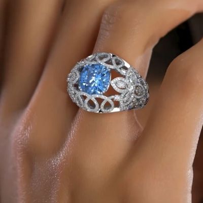 10.13CT Cushion Cut Natural Sky Blue And Diamond Cocktail Ring