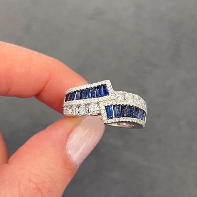 9.0 Carats White Gold Three Row Diamond & Blue Sapphire Ring