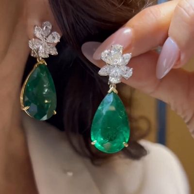 27.56 Carats Pair Of Emerald And Diamond Earrings