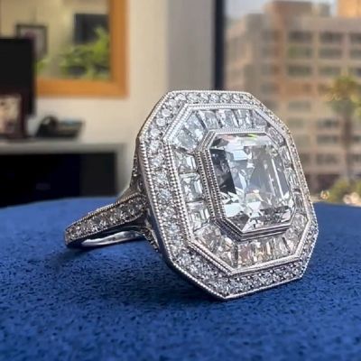 3.7 Carats Jewelled Vault Asscher Cut Diamond Ring