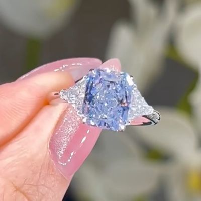 3.0 Carats Radiant Cut Three Stone Fancy Blue Diamond Ring
