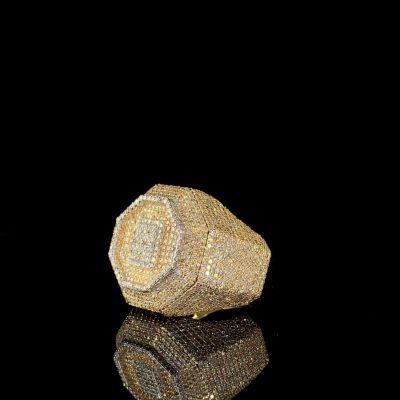 Diamond inlaid hexagonal design sterling silver plated gold handmade ring