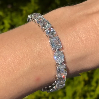 15ct emerald-cut and oval-cut diamond handmade sterling silver bracelet