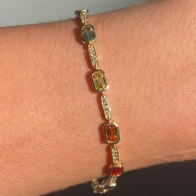 5ct Emerald-cut Colored Gemstone Sterling Silver Plated with Yellow Gold Handmade Bracelet