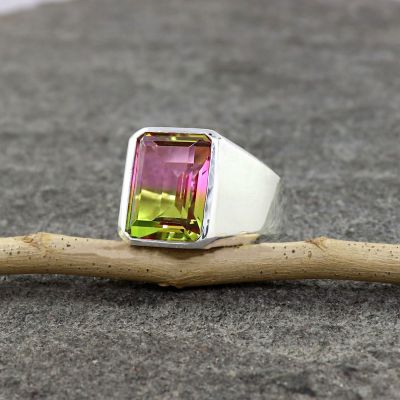 7ct Emerald Cut Watermelon Tourmaline Ring