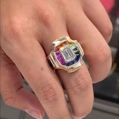 6ct cushion-cut diamond and colored diamond handmade sterling silver plated yellow gold ring