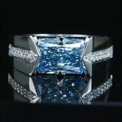 5ct Princess cut aqua blue diamond handmade sterling silver ring