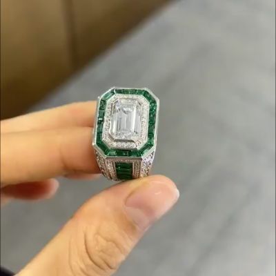8ct cushion cut diamond and emerald handmade sterling silver ring