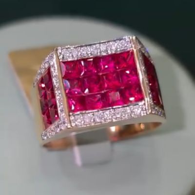 2ct cushion-cut ruby ​​sterling silver plated with yellow gold handmade ring