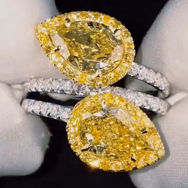 4.0CT Pear Cut Twin Yellow Sapphire Halo Engagement Ring