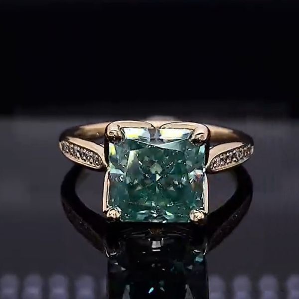 5.0 CT Cushion Cut Radiant Blue Green Diamond Ring 