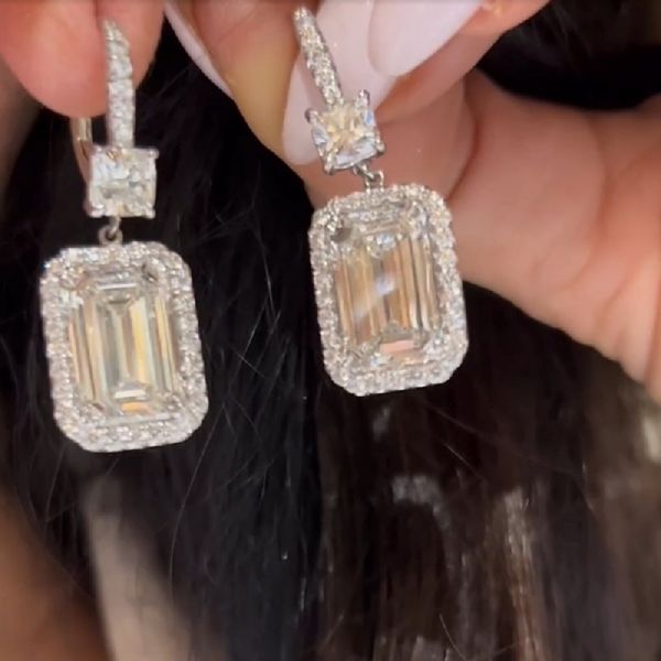 10.6 CT Diamond Drop Earrings Emerald Cut Micro Pave Halo Setting