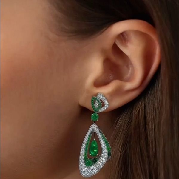 Pear And Round Emerald And Diamond Earrings