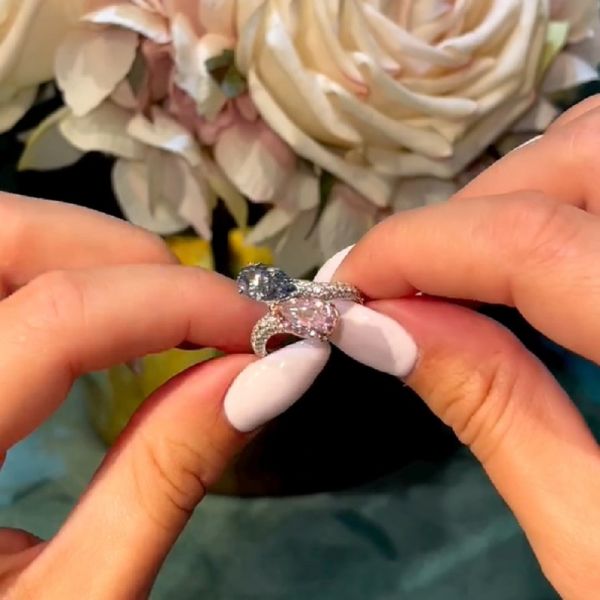 1.5CT  Pink And Blue Pear Shape Diamonds Toi Et Moi Ring