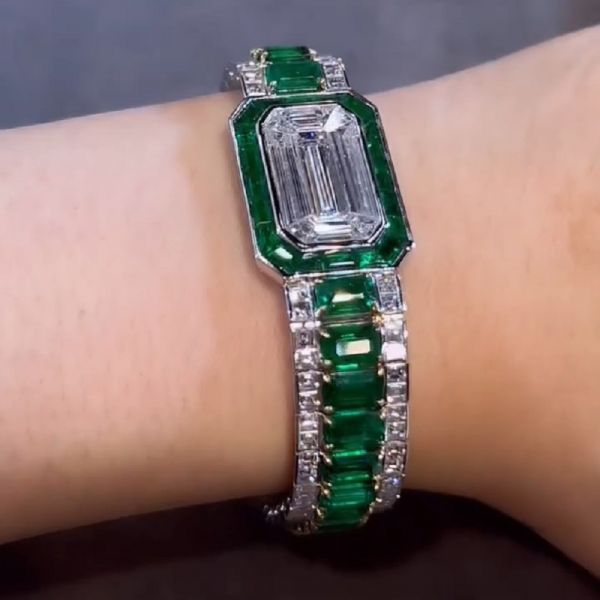 37 Carat Emerald Simulated Diamond/Green Emerald Band Bracelet 14k white Gold Over