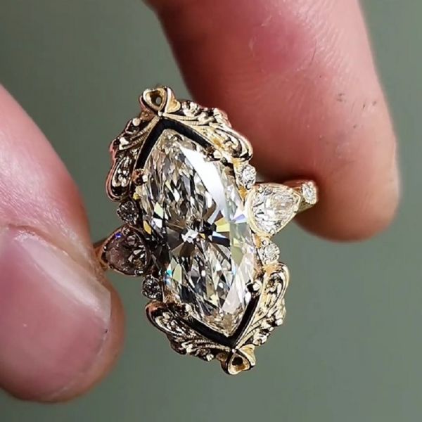 2.72Carats Marquise Diamond Engagement Ring with Pear Side Stones And Gold Scrollwork