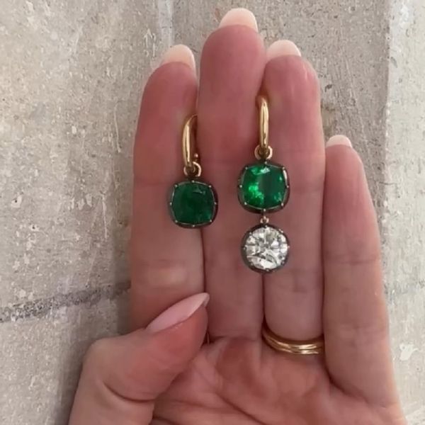 5.8 Carats Asymmetric Cushion Emerald & Diamond Gypset Hoop Earrings