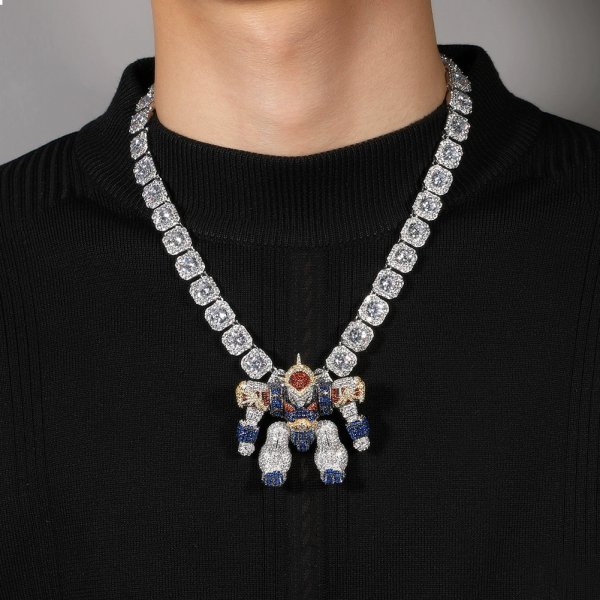 Hip-hop cartoon dragon warrior three-dimensional robot pave full pendant necklace