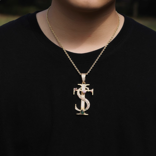 Fashion letter TS cross pendant hiphop colored zircon necklace