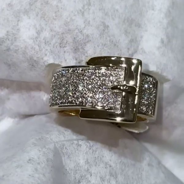 Moissanite Pave Belt Buckle Shiny Gold Handmade Ring