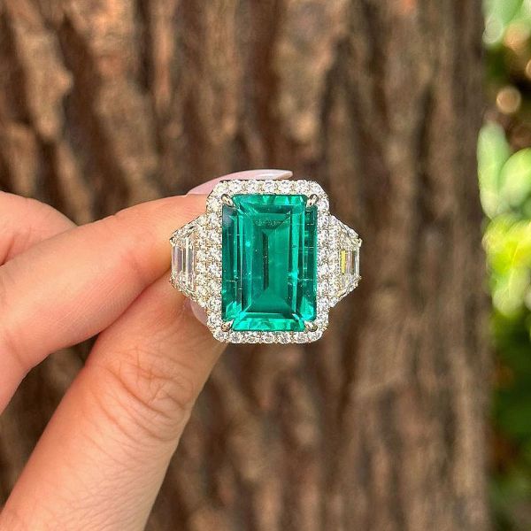 6.75ct Three-Stone Emerald Cut Emerald Sapphire Engagement Ring